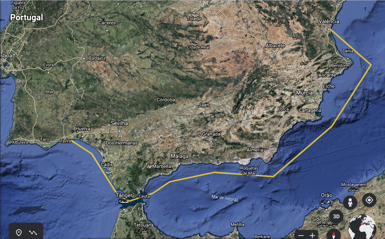 Percurso hipotético efetuado (Mediterrâneo - Atlântico)